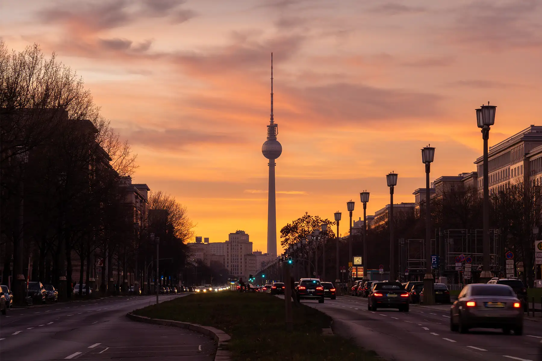 Berlin TV Tower at sunset on Karl-Marx-Allee