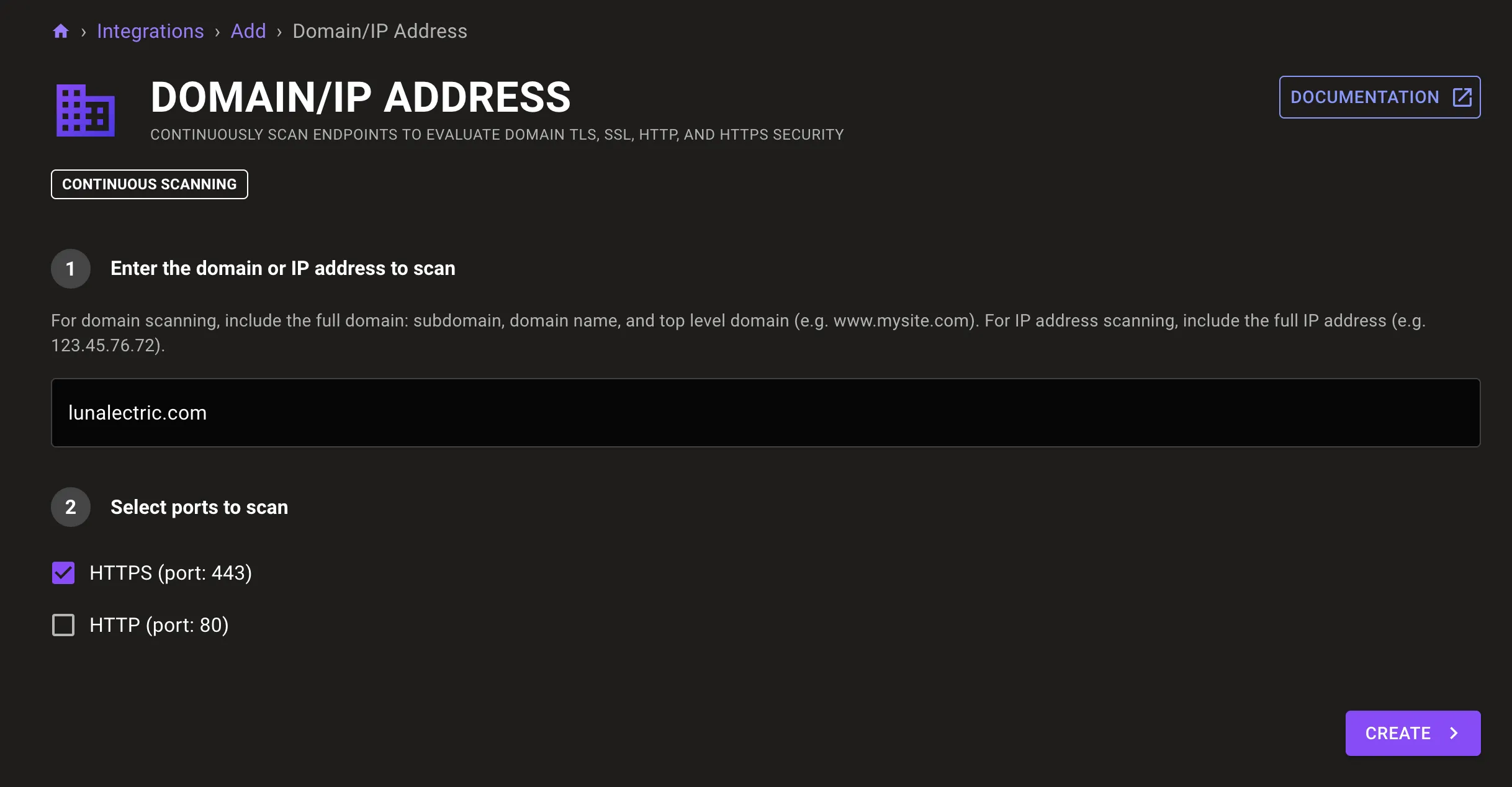 Screen shot of Mondoo Console page for adding a new Domain/IP address integration