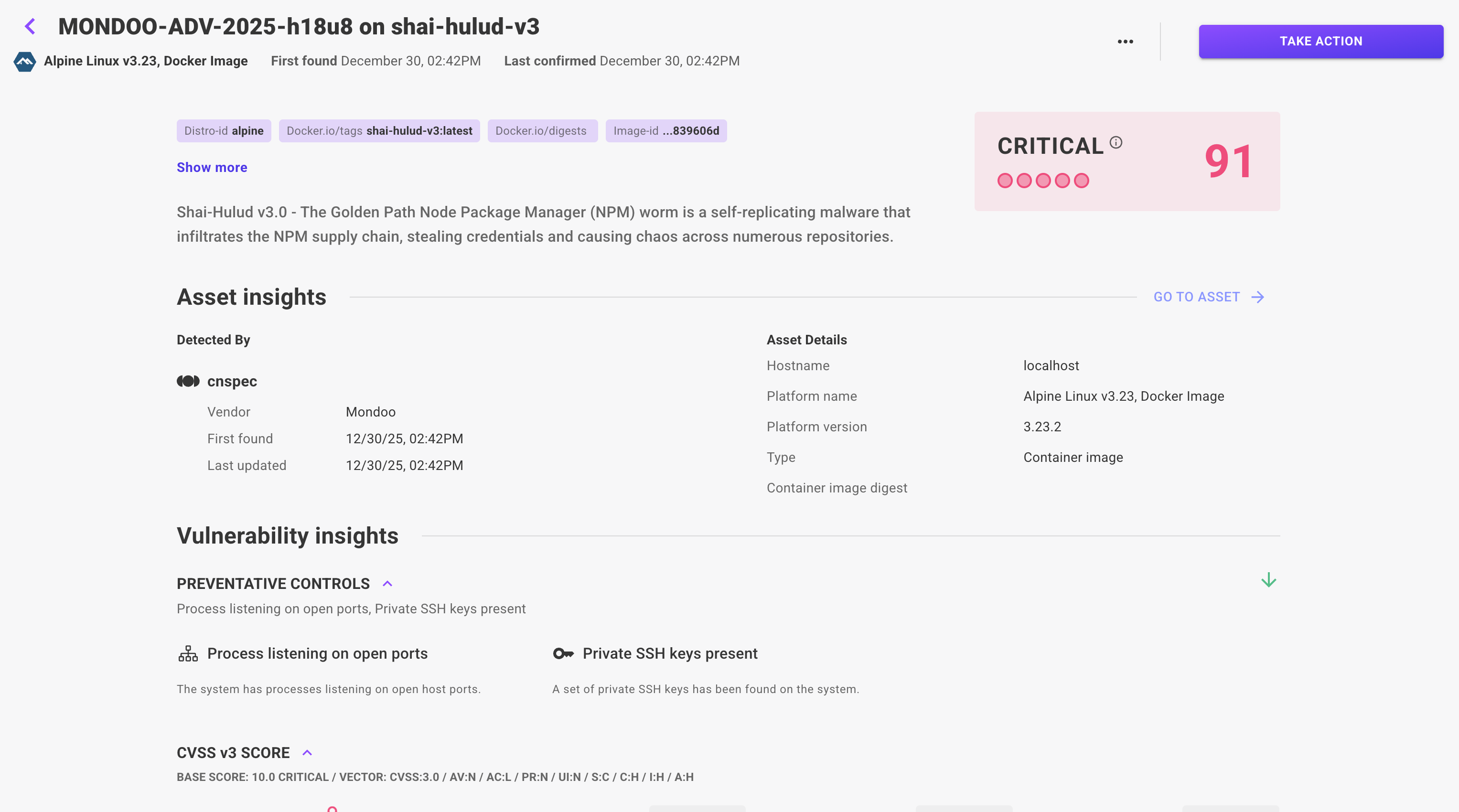 Screen hot of Mondoo Detecting Shai-Hulud v3.0 on assets