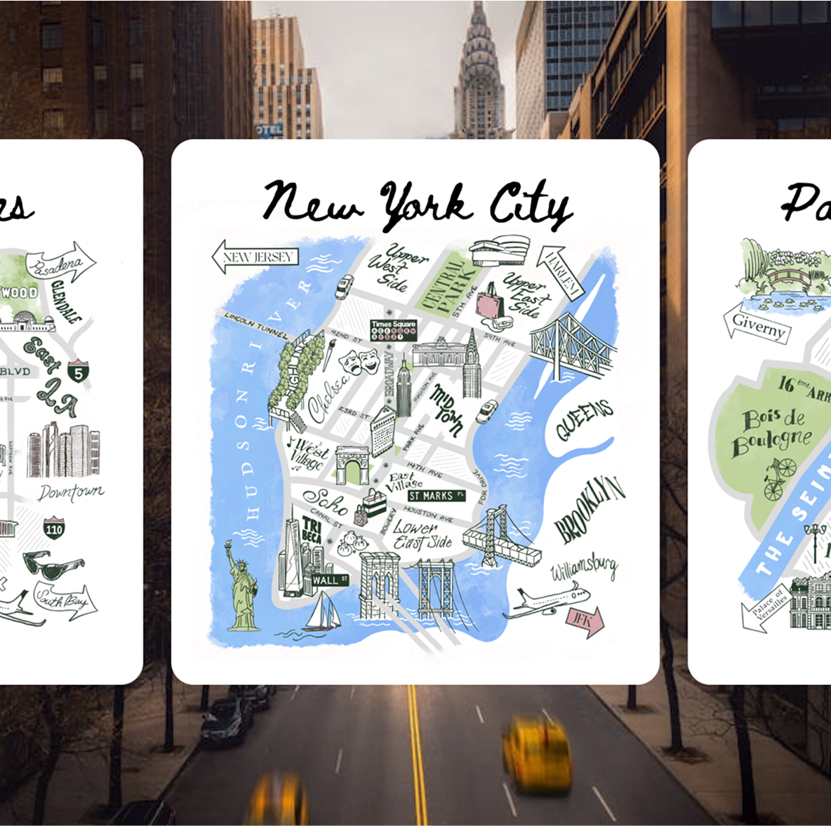 Illustrated neighborhood map of New York City showing landmarks like Central Park, Times Square, the Statue of Liberty, and Brooklyn.