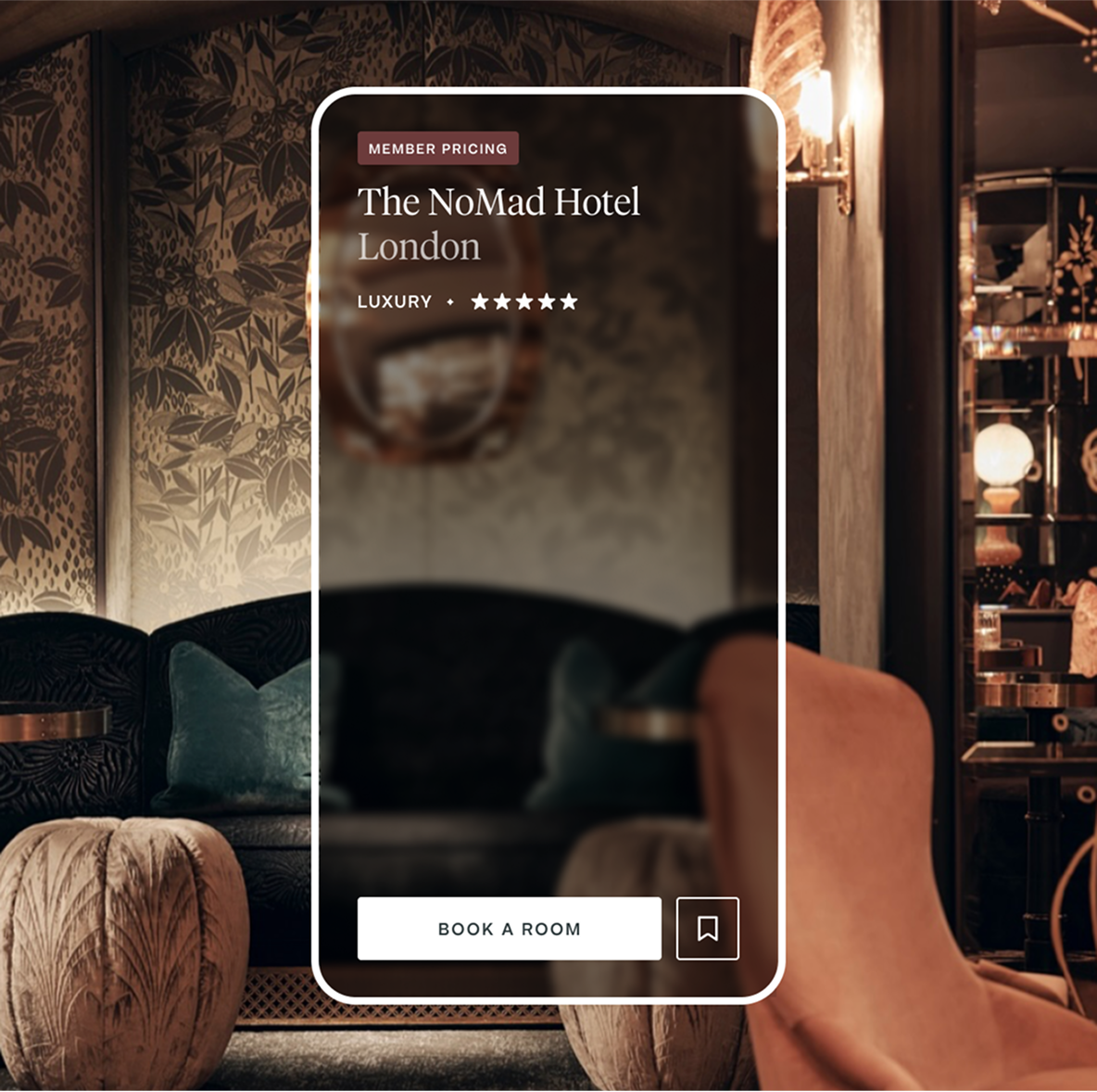Luxurious hotel lounge at The NoMad Hotel London, featuring velvet seating and moody lighting, highlighting member-exclusive rates for five-star stays.