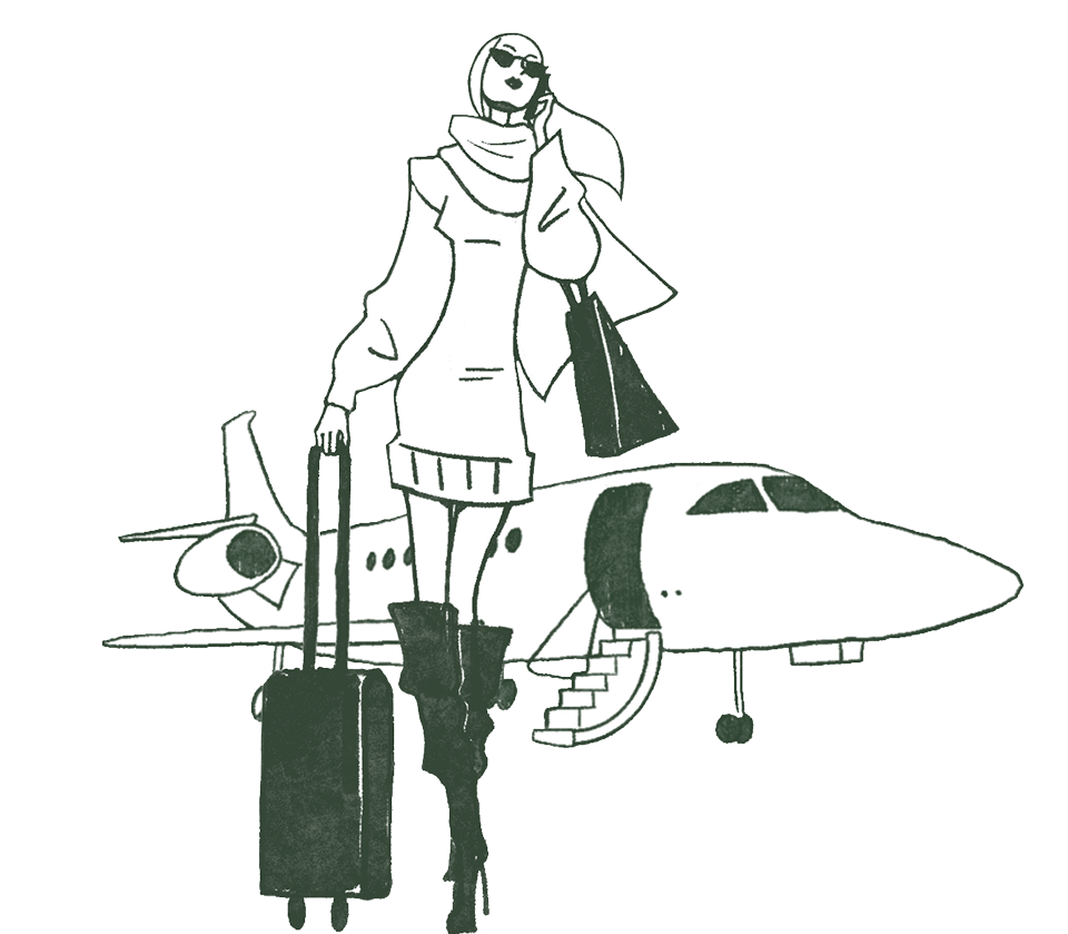 Fashionable woman with sunglasses and luggage walking away from a private jet, illustration representing luxury travel lifestyle.