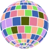 Colorful spherical disco ball with pastel pink, blue, green, and purple reflective tiles.