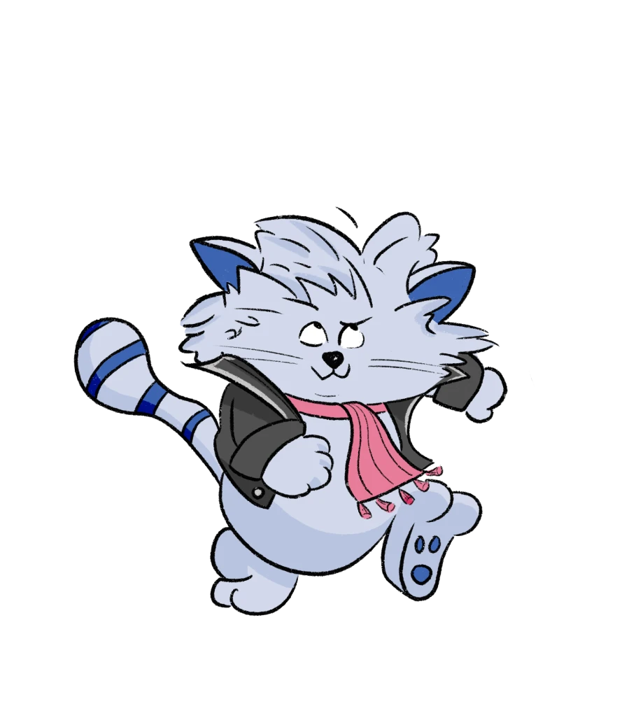 Cartoon styled gray cat wearing a black jacket and pink scarf, striking a confident walking pose.