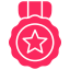 Red icon of a medal with a star and ribbon representing top quality.