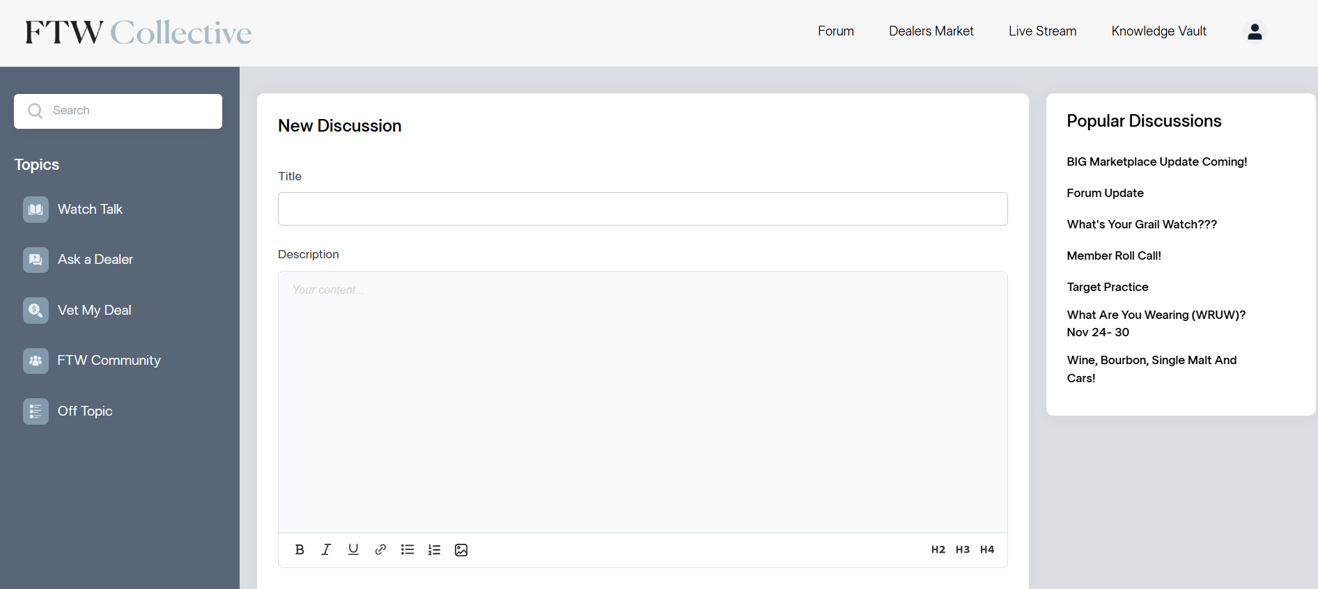 Forum page with sections for new discussion title and description