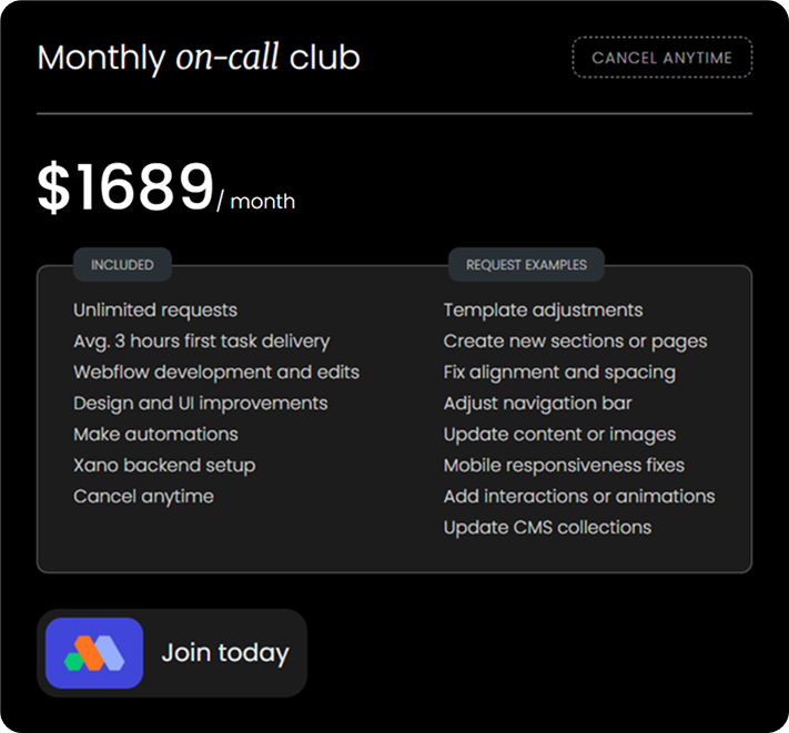 Monthly on-call club subscription plan 