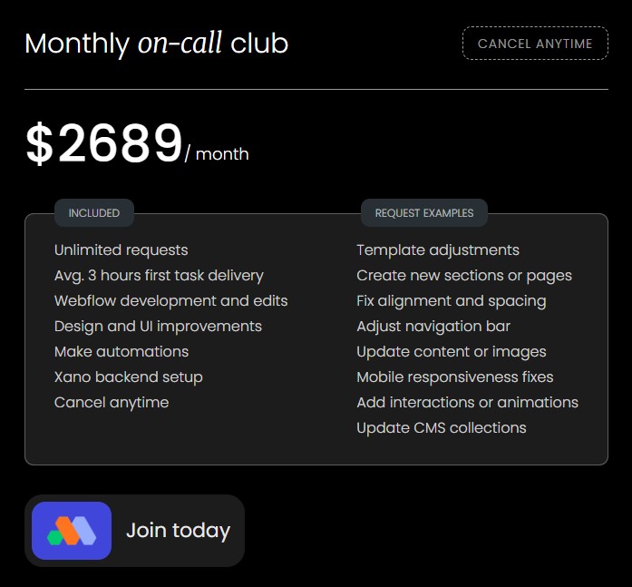 Monthly on-call club subscription plan