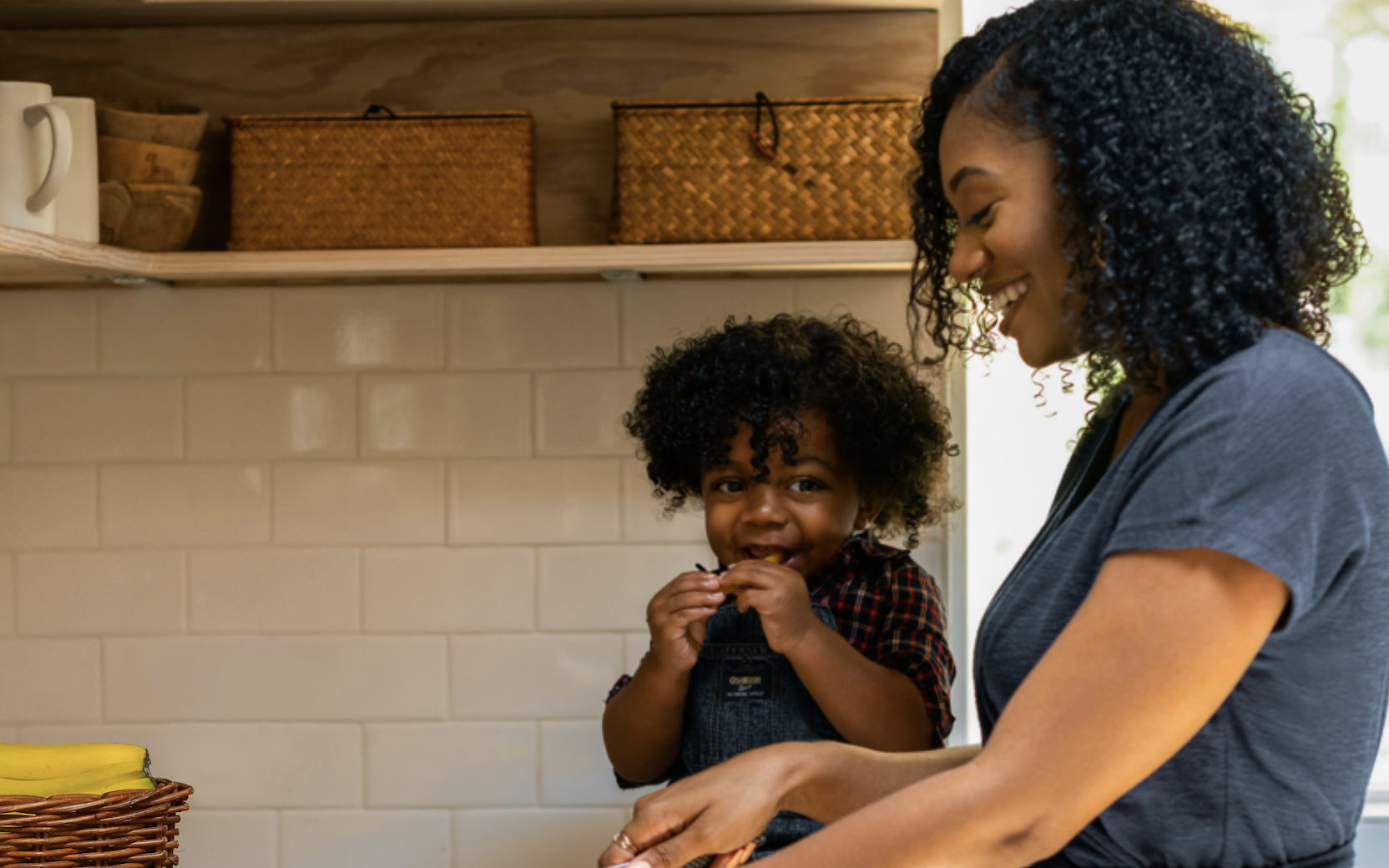mother and son in kitchen