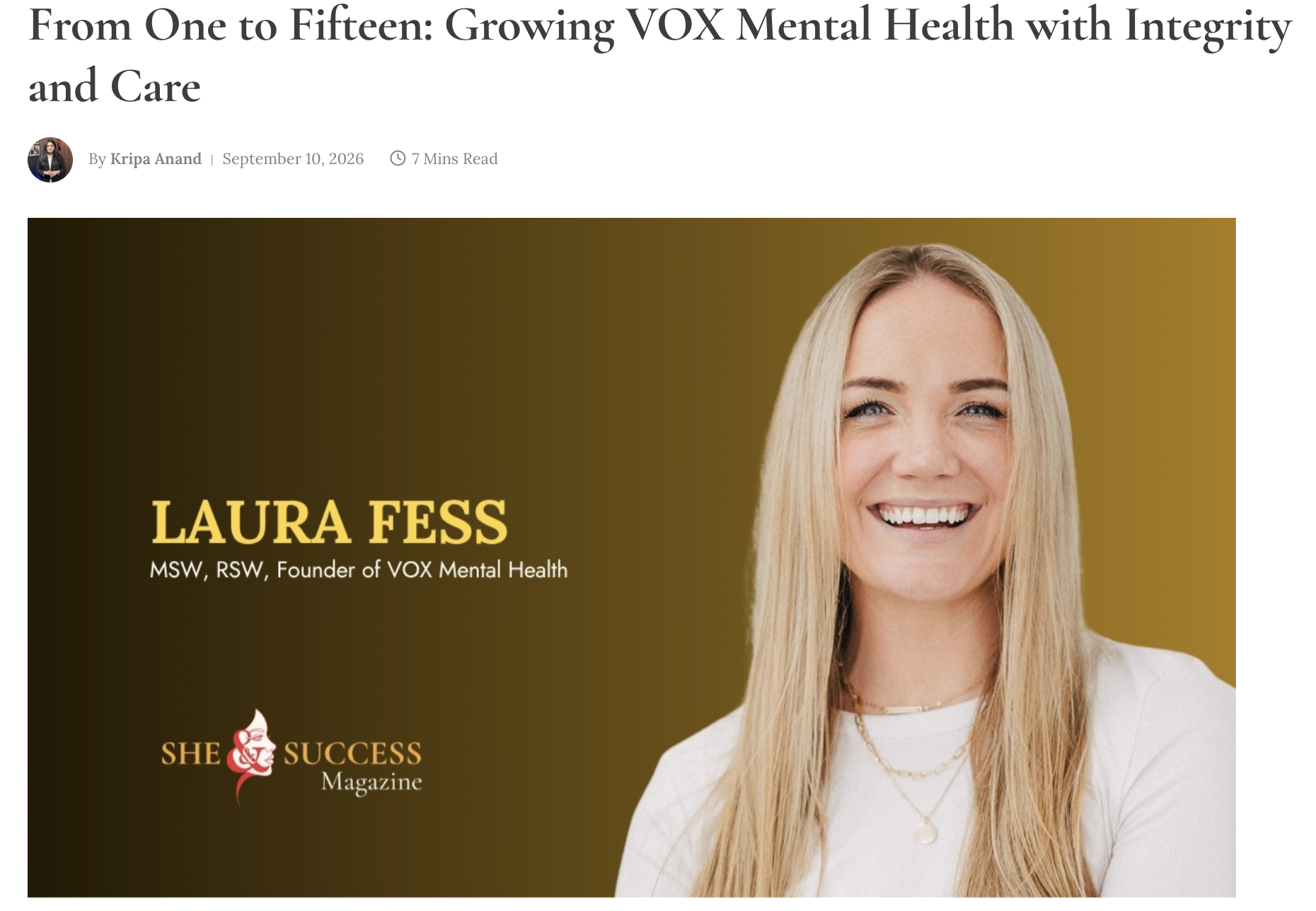 VOX Mental Health featured in She & Success Business Magazine