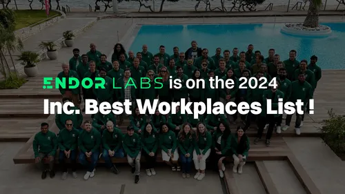 Group photo of Endor Labs employees wearing green jackets by a pool with text announcing Endor Labs is on the 2024 Inc. Best Workplaces List.