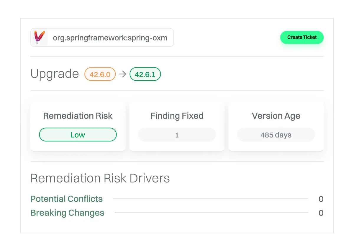 Software upgrade from version 42.6.0 to 42.6.1 with low remediation risk, 1 finding fixed, version age 485 days, and zero potential conflicts or breaking changes.