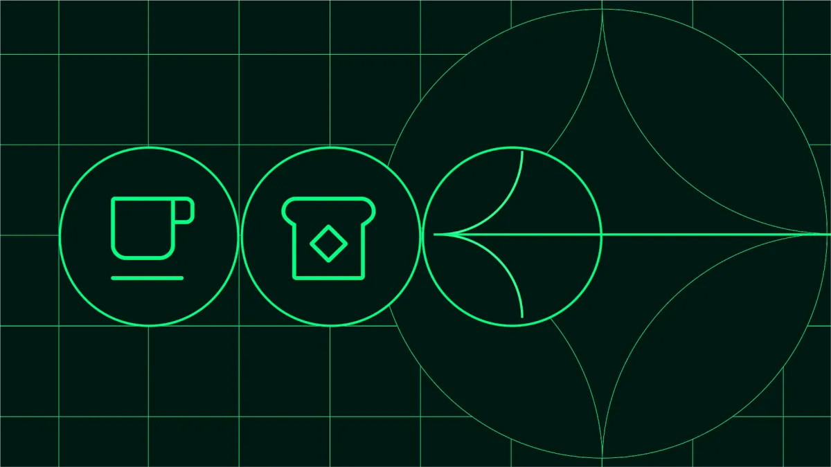 Three green outlined circles on a dark grid background, featuring a coffee cup, a slice of bread with a diamond shape, and an abstract leaf-like design.