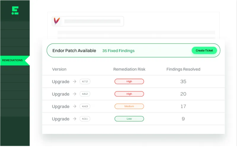 Interface showing Endor patch availability with four upgrade versions listed, highlighting remediation risks from high to low and the number of findings resolved for each version.
