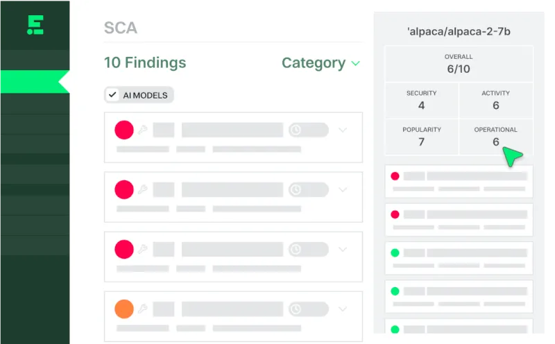 User interface showing SCA section with 10 findings categorized, featuring AI models filter and detailed scores for 'alpaca/alpaca-2-7b' including overall 6/10, security 4, activity 6, popularity 7, and operational 6.