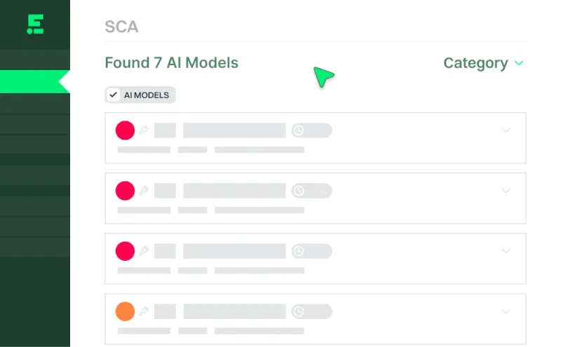 User interface of SCA tool showing a list of 7 found AI models with colored status indicators and filtering options.