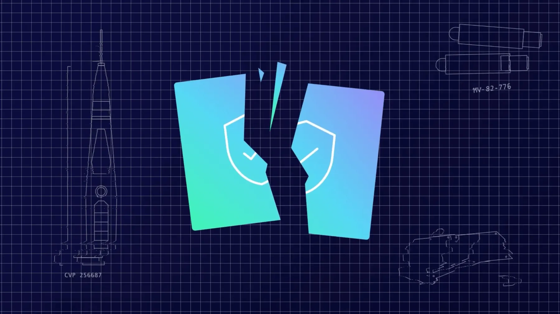Blue and purple gradient shield icons broken in two on a dark blue grid background with white technical sketches of rocket parts.