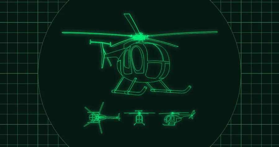 Green neon wireframe illustration of a helicopter viewed from side, top, front, and perspective angles on a dark grid background.