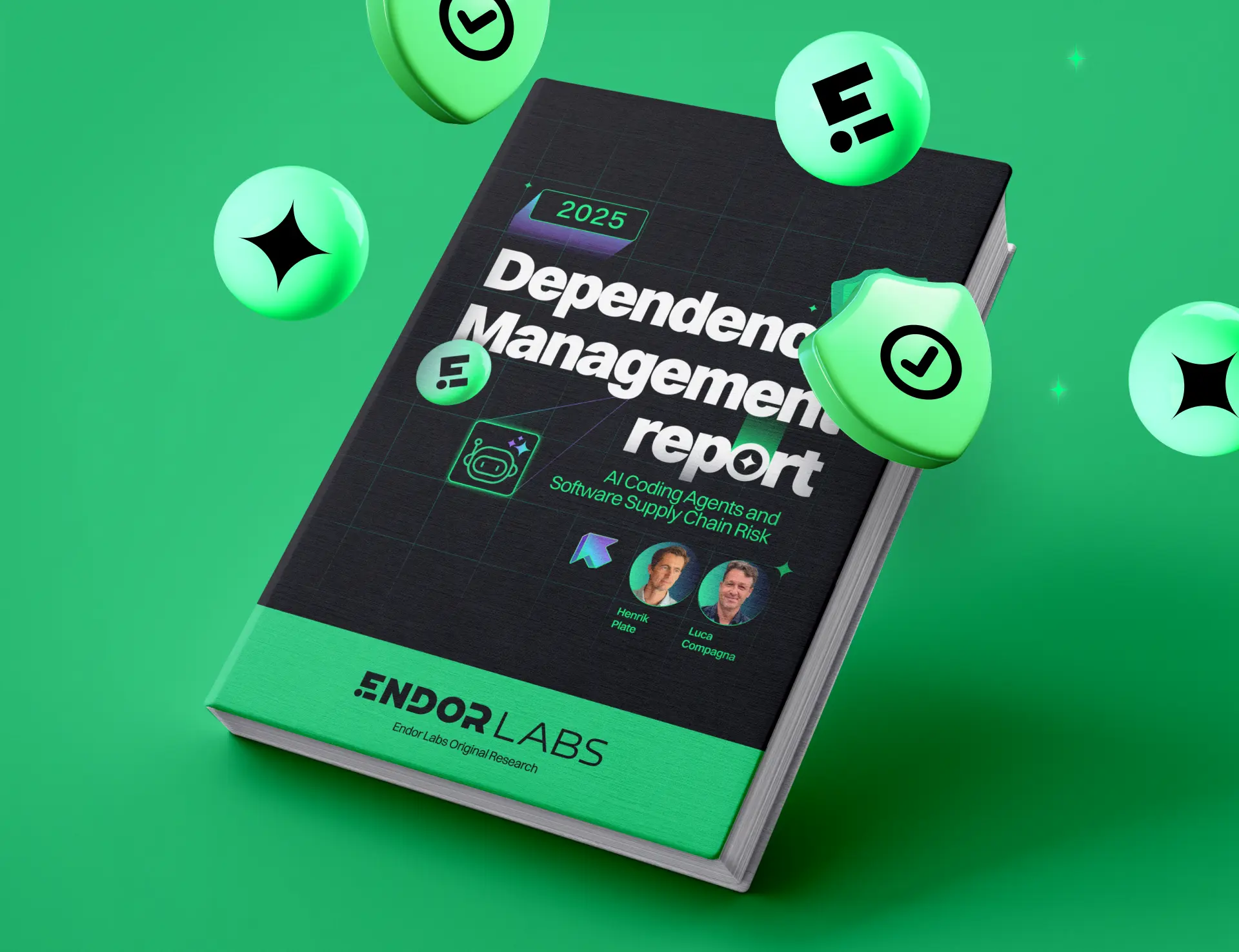 Book titled '2025 Dependency Management report' with subtitle 'AI Coding Agents and Software Supply Chain Risk' by Henrik Plate and Luca Compagna, published by Endor Labs, on a green background with floating shield and checkmark icons.