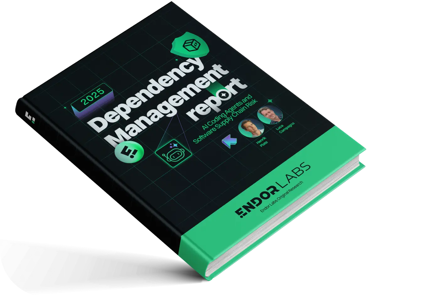 Hardcover book titled '2025 Dependency Management report: AI Coding Agents and Software Supply Chain Risk' by Henrik Plate and Luca Compagna from Endor Labs.