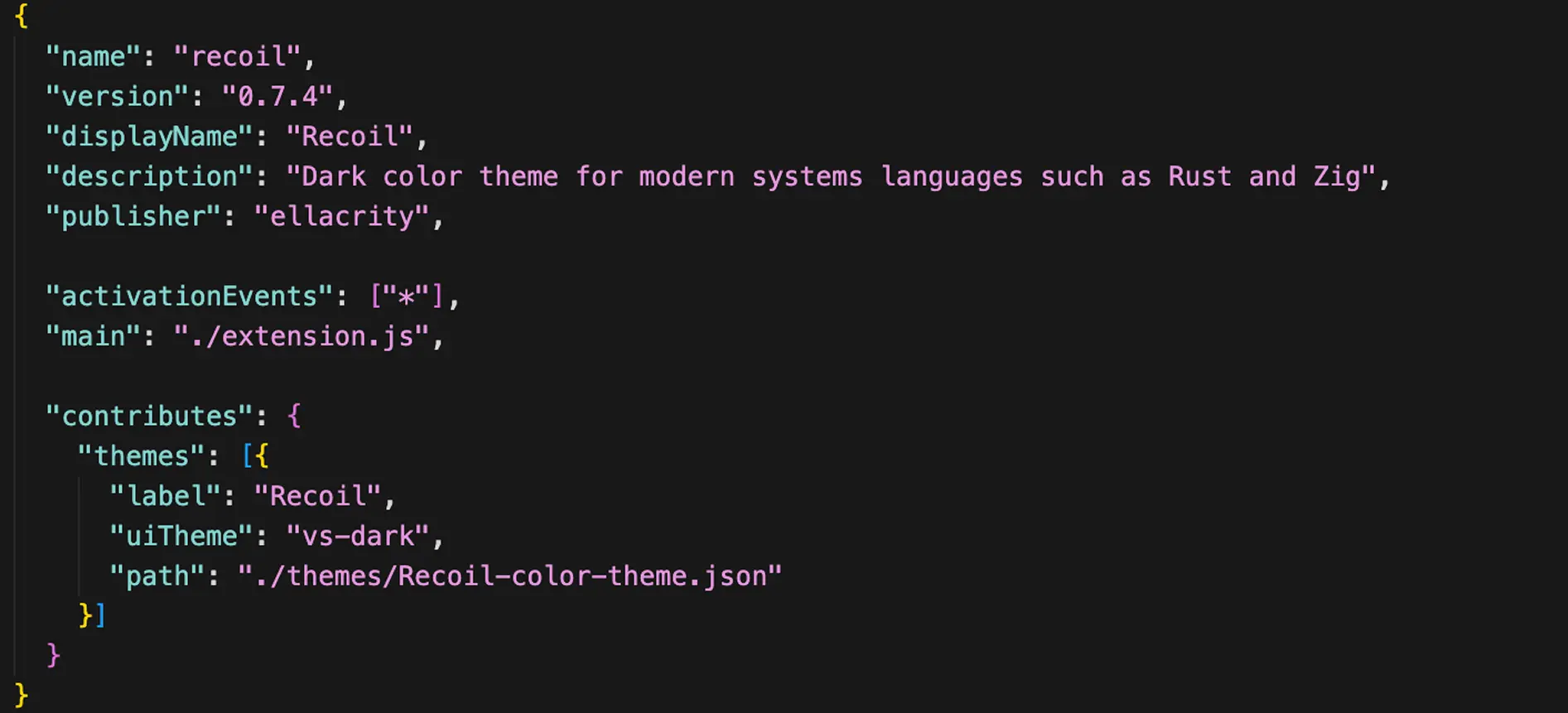 JSON code defining a Recoil extension with version 0.7.4, a dark theme for Rust and Zig languages, published by ellacrity.