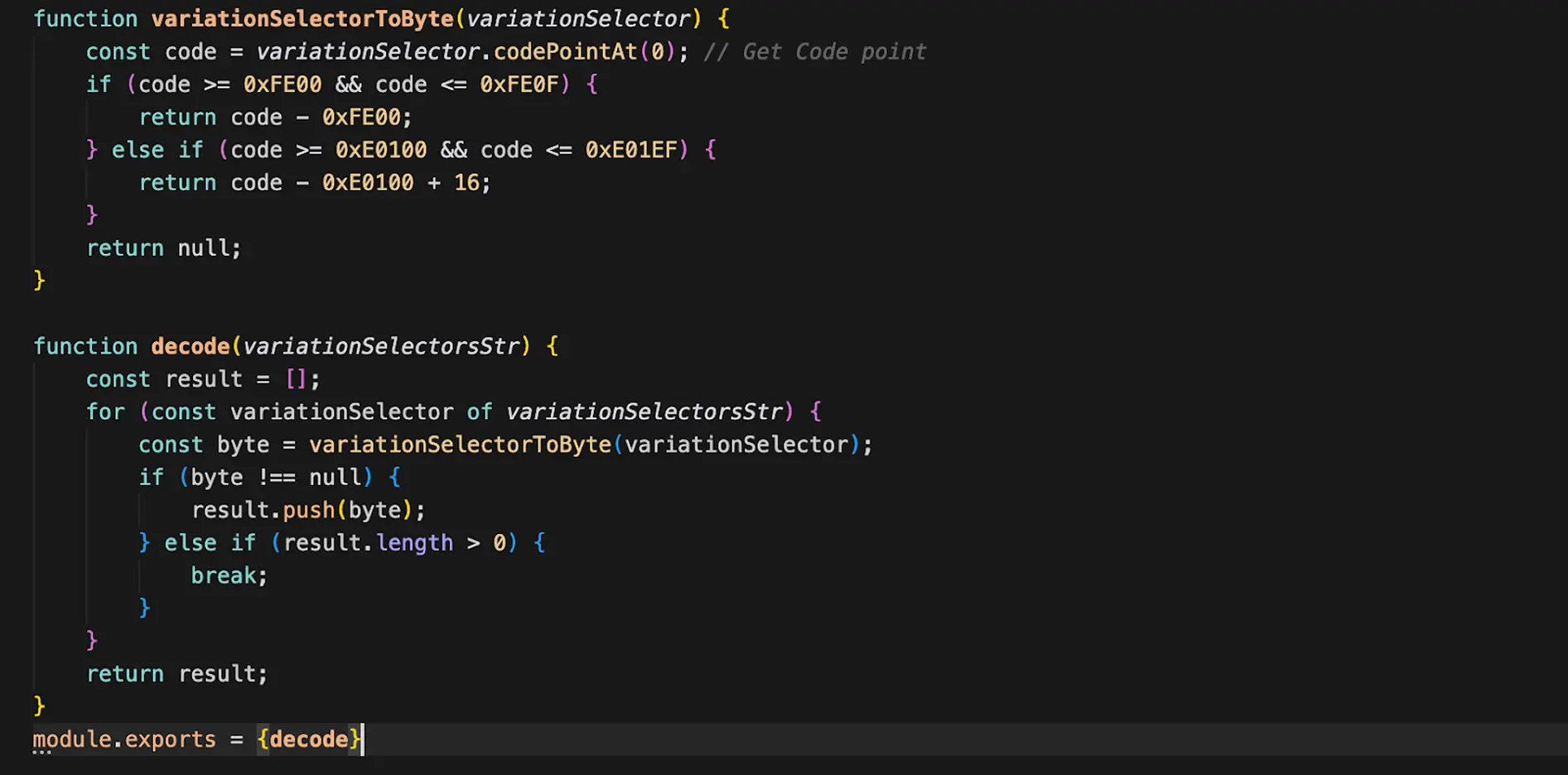 JavaScript code defining functions variationSelectorToByte and decode to convert variation selectors to bytes and exporting decode function.