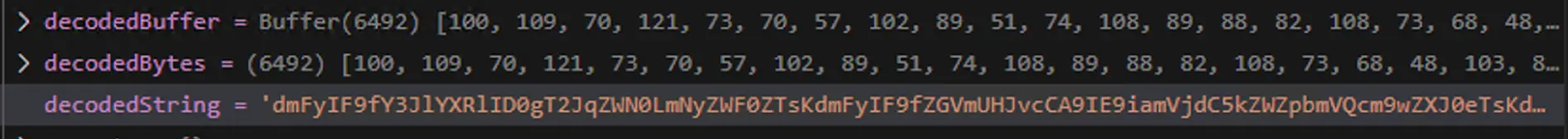 Code snippet showing a decoded buffer and decoded bytes as arrays, followed by a decoded string variable with base64 encoded text.