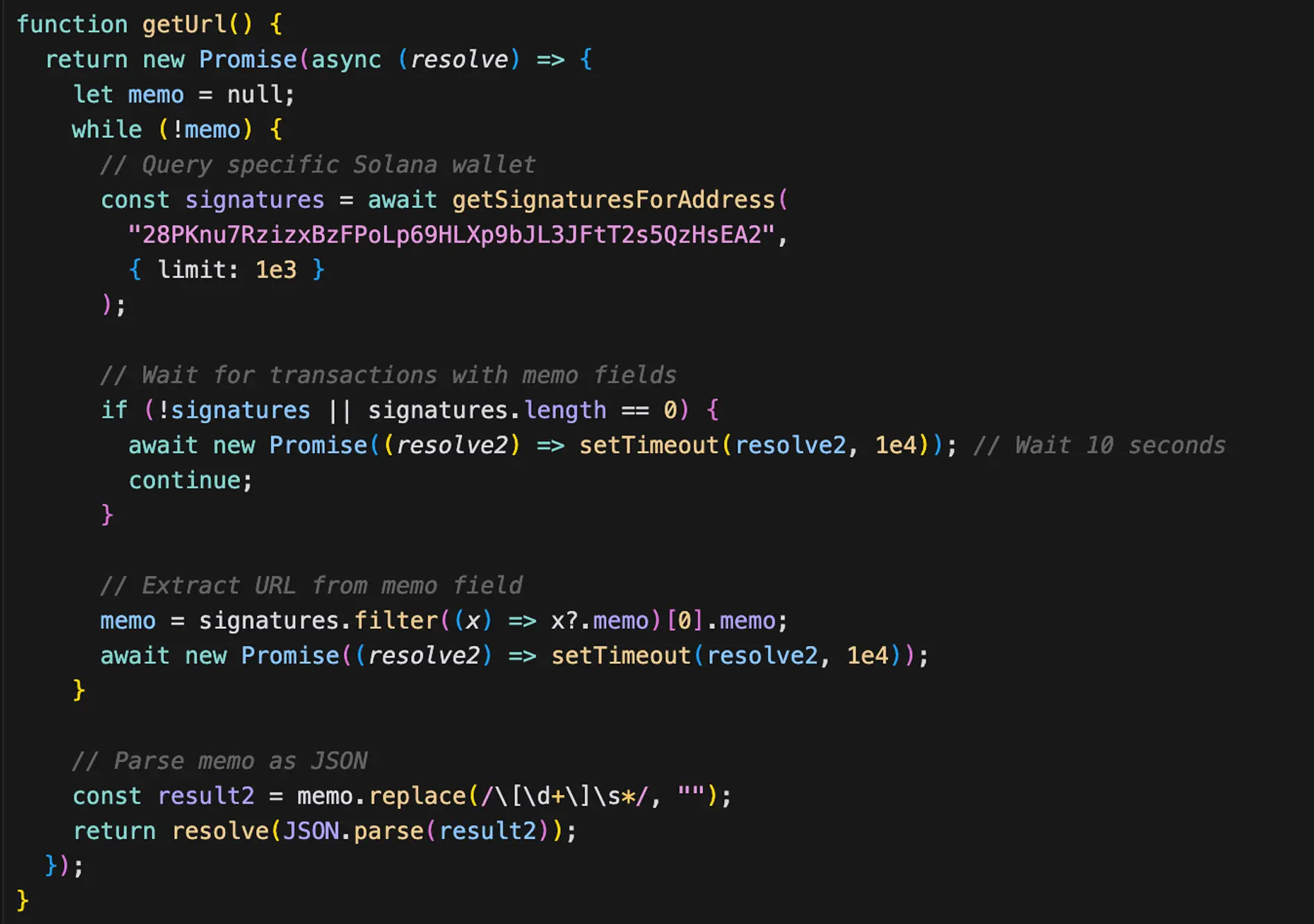 JavaScript function getUrl asynchronously fetches Solana wallet transaction signatures, filters for a memo field, waits with timeouts, and parses the memo as JSON.