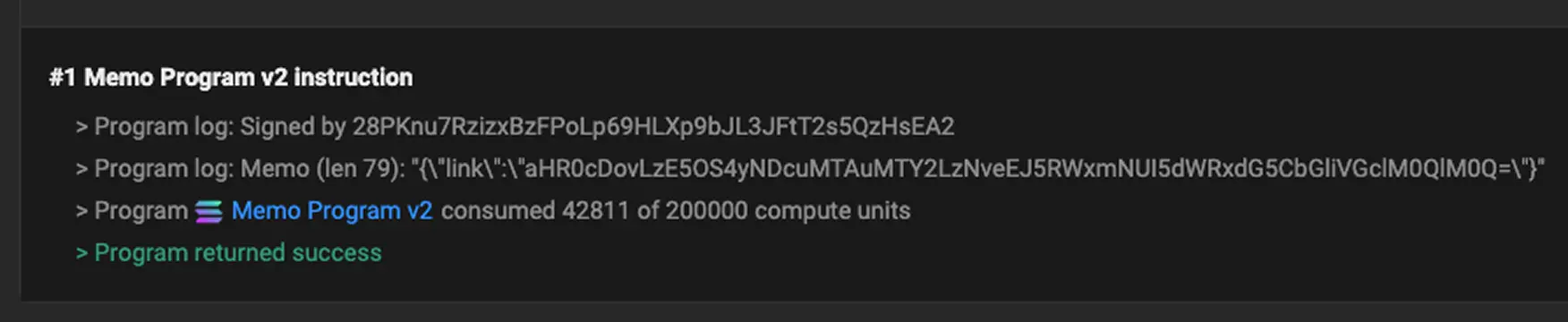 Screenshot of Memo Program v2 instruction showing program logs, a memo link, compute units consumed, and a success message.