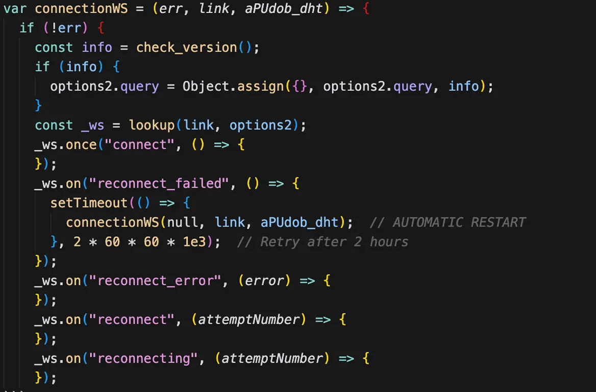 Highlighted JavaScript code defining a connectionWS function to manage WebSocket connection events with retries.