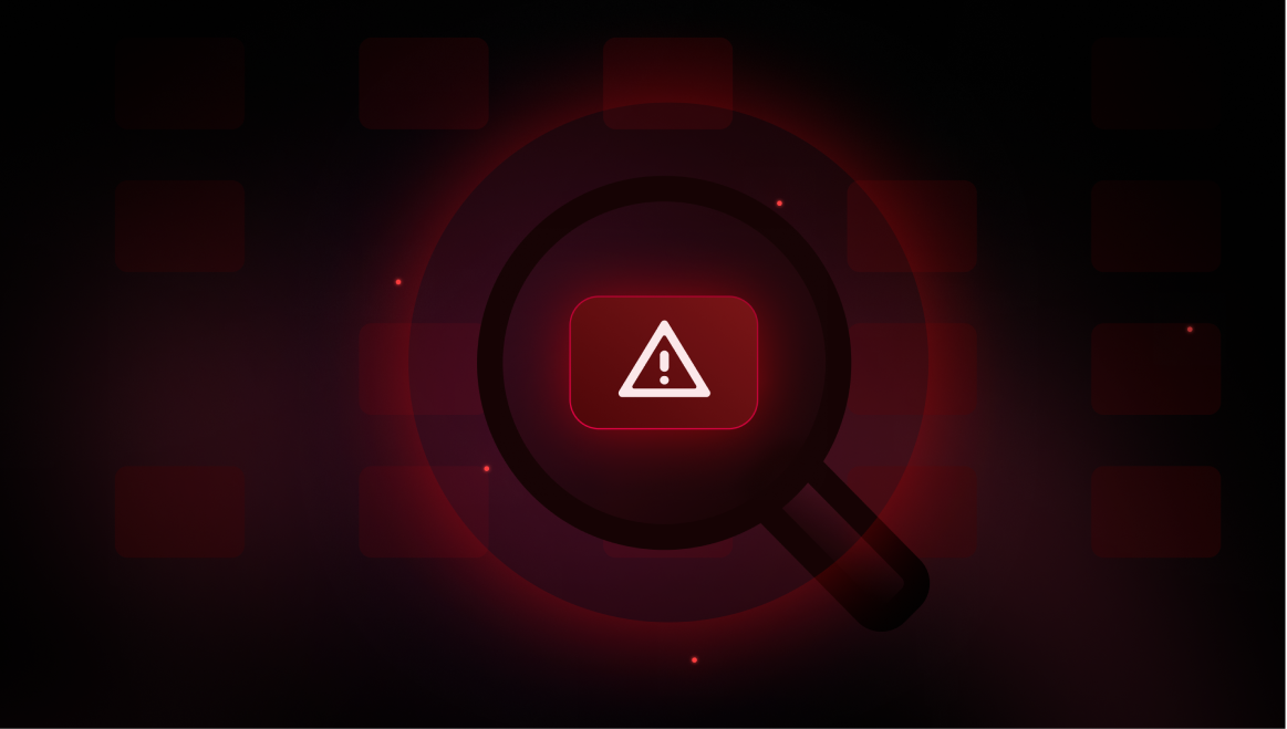 Magnifying glass highlighting a red warning triangle with an exclamation mark on a dark red and black background.