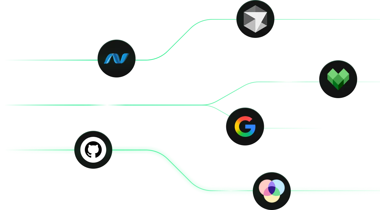 Diagram showing integration flow starting from a GitHub icon splitting into connections with .NET, Google, and a colorful overlapping circle logo; .NET connects to a 3D cube logo; Google connects to a green heart-shaped logo.