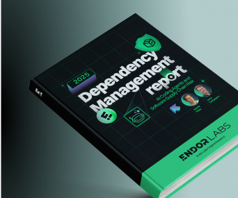 3D render of a book titled '2023 Dependency Management Report' by Endor Labs with icons and author photos on the cover.