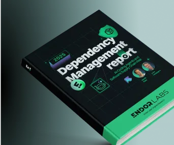 3D render of a book titled '2023 Dependency Management Report' by Endor Labs with icons and author photos on the cover.