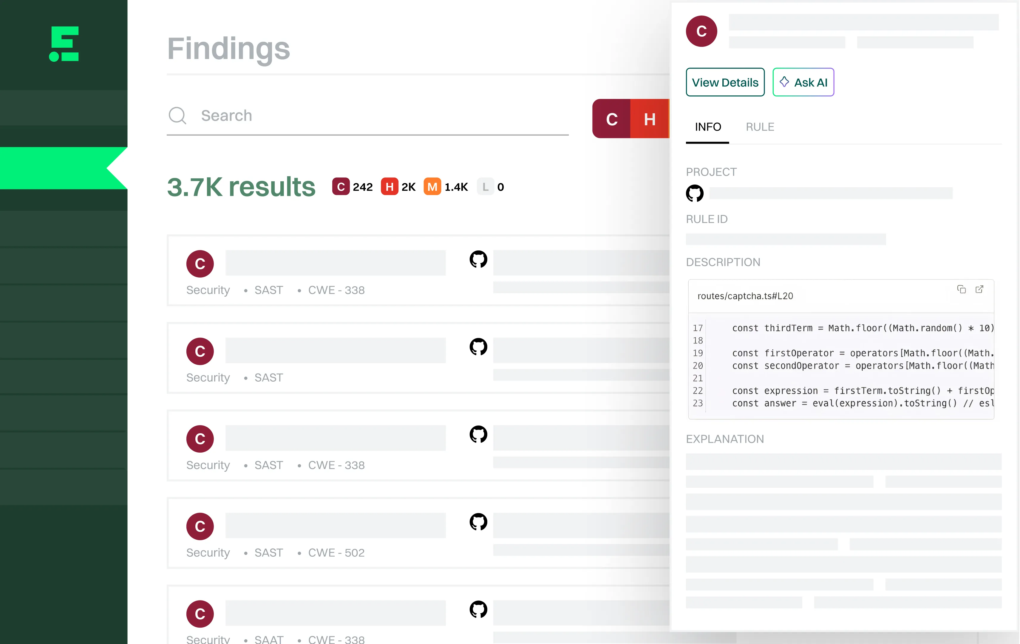 Dashboard displaying 3.7K security findings categorized by severity with detailed code snippet and explanation panel.
