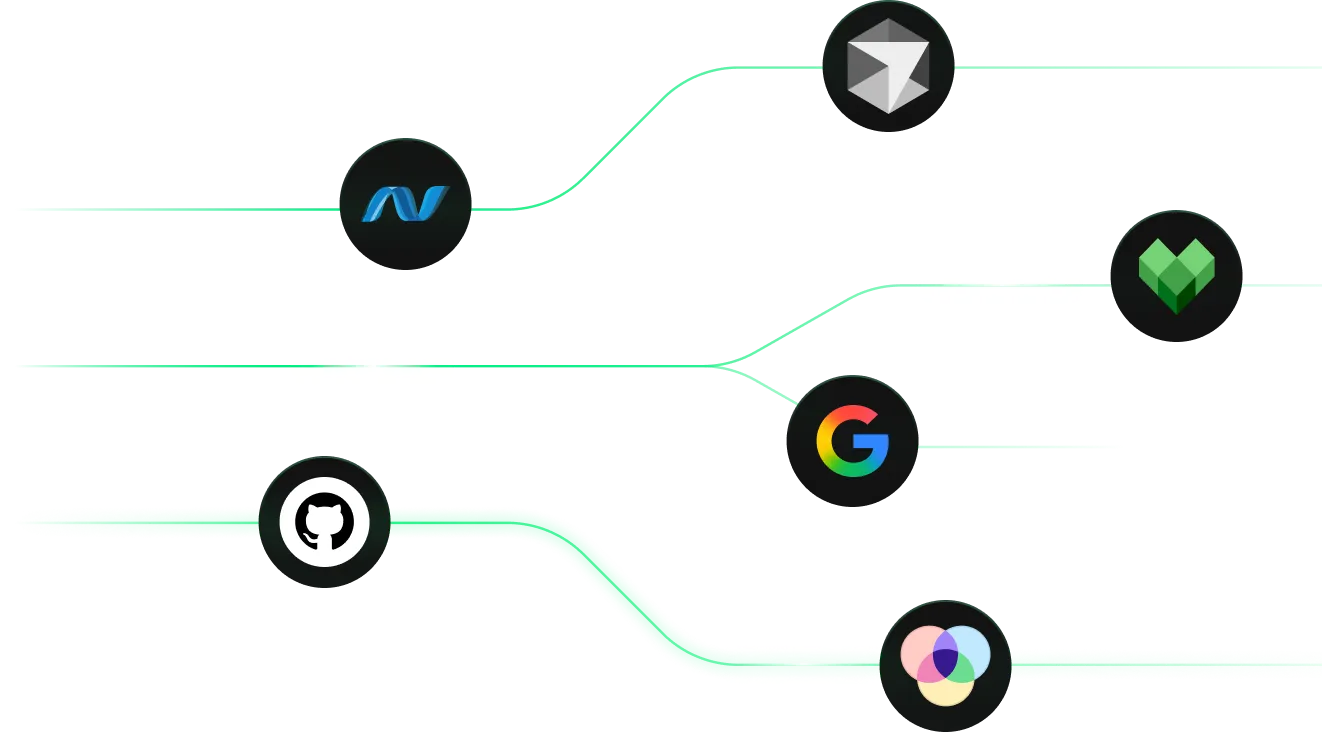 Flow diagram connecting software development tools and platforms including .NET, JetBrains, GitHub, Google, and Vercel.