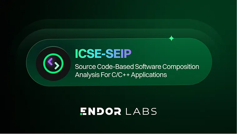 ICSE-SEIP source code-based software composition analysis for C/C++ applications with Endor Labs logo on dark green background.
