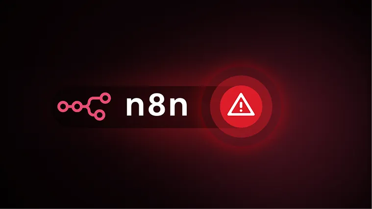 Red network icon followed by text 'n8n' and a red warning triangle with an exclamation mark on a dark background.