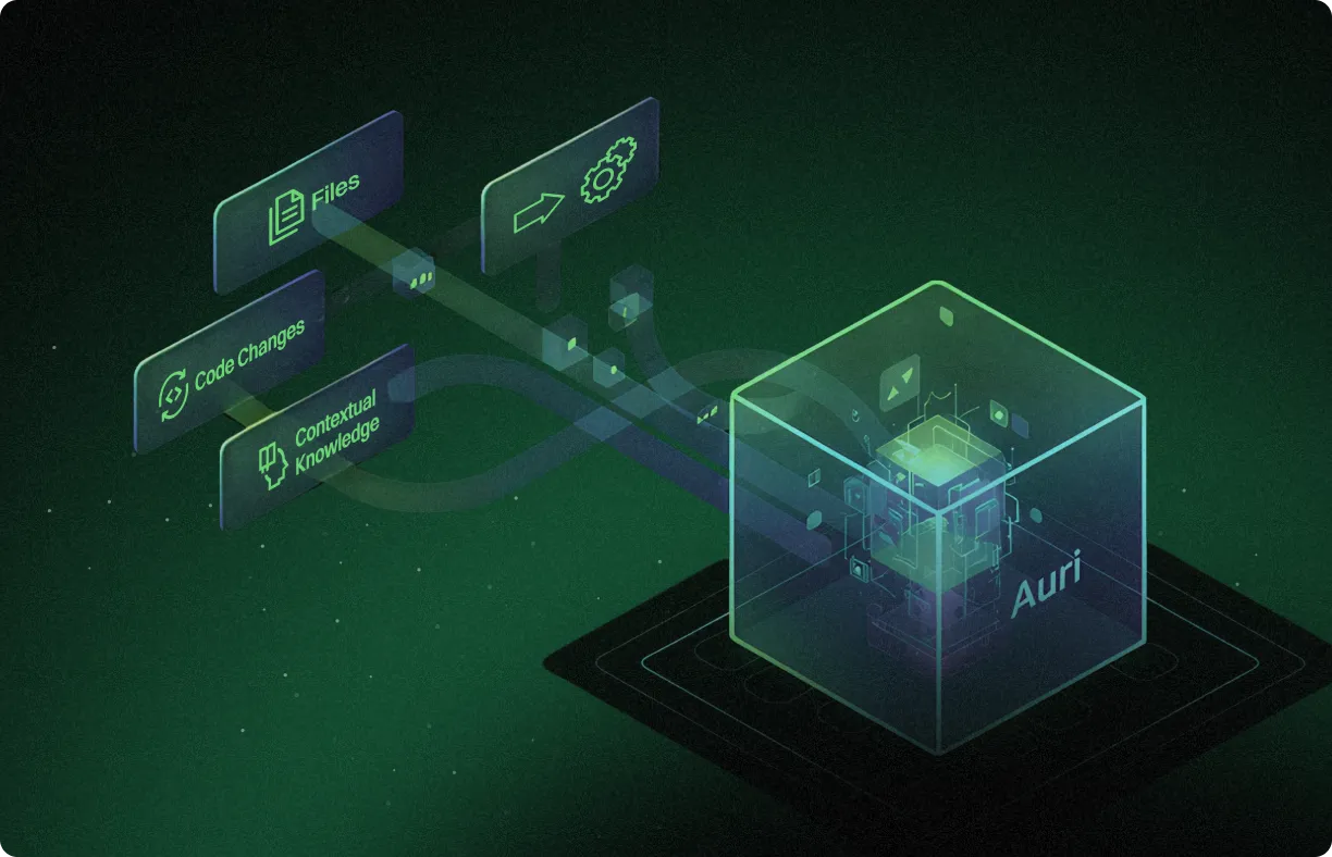 Digital illustration showing streams of data labeled Files, Code Changes, and Contextual Knowledge flowing into a translucent cube labeled Auri.