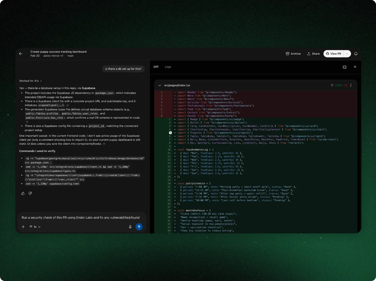 Screen showing a dark-themed code review dashboard with a conversation about Supabase database setup and source code for a TypeScript file.