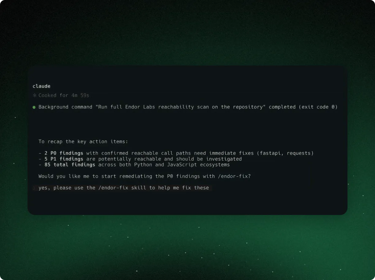 Command line interface showing results of a repository reachability scan with summary of findings and prompt to start remediating P0 findings using /endor-fix skill.