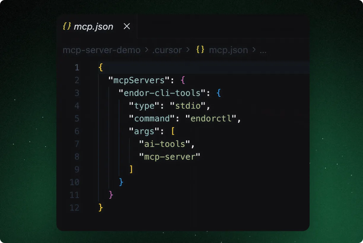 Code snippet of a JSON configuration defining an mcpServers object with endor-cli-tools containing type stdio, command endorctl, and args array with ai-tools and mcp-server.